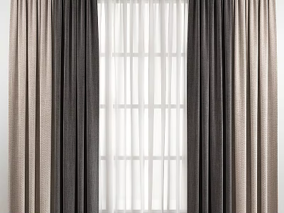Layered Dark Gray And Beige Curtains With White Sheer Panels For Window Decor 3d model