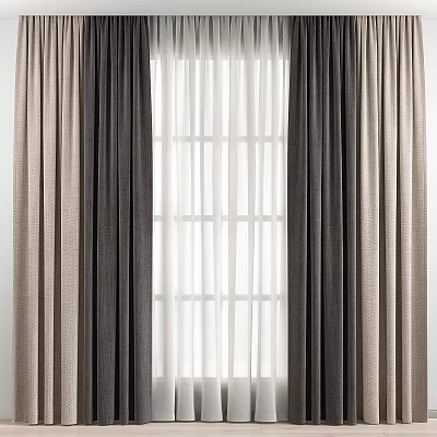 Layered Dark Gray And Beige Curtains With White Sheer Panels For Window Decor 3d model