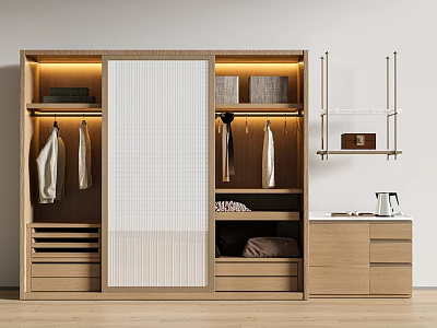 Modern Wooden Wardrobe with Sliding Door LED Lighting Hanging Rods and Drawers 3d model