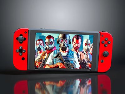 Animal Characters Wearing Gas Masks Displayed On Red Gaming Console Screen 3d model