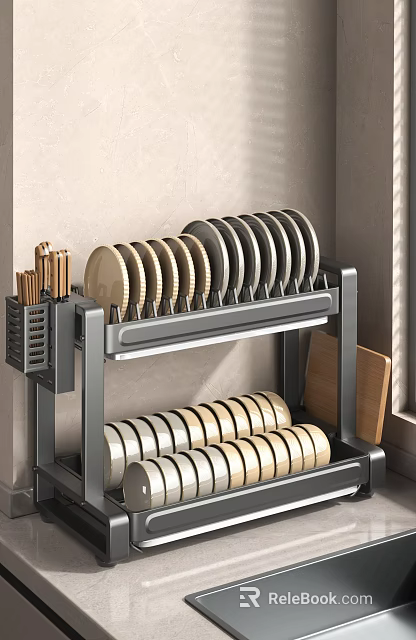 Double Layer Kitchen Dish Rack with Plates Knives and Cutting Board Storage 3d model 