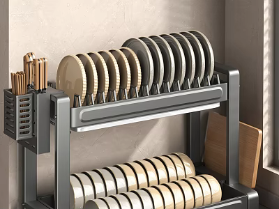 Double Layer Kitchen Dish Rack with Plates Knives and Cutting Board Storage 3d model