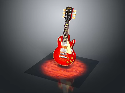 Red Electric Guitar With Glossy Finish And Golden Accents On Illuminated Display Base 3d model