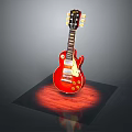 Red Electric Guitar With Glossy Finish And Golden Accents On Illuminated Display Base