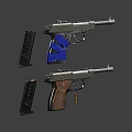 Different Types of Handguns With Blue Wooden Grips Magazines Bullets and Disassembled Parts