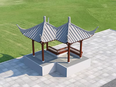 Traditional Chinese Pergola with Gray Tiled Roof Overhanging Eaves and Brown Pillars on Green Lawn 3d model