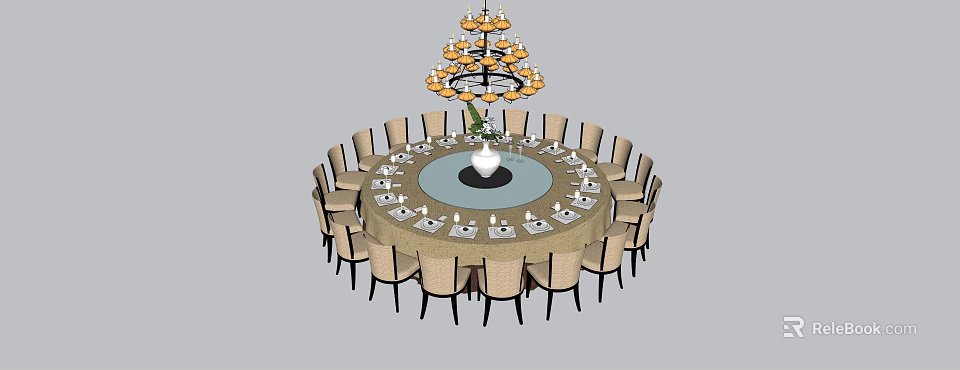 Elegant Round Dining Table Set With Multiple Chairs Tableware And Chandelier 3d model