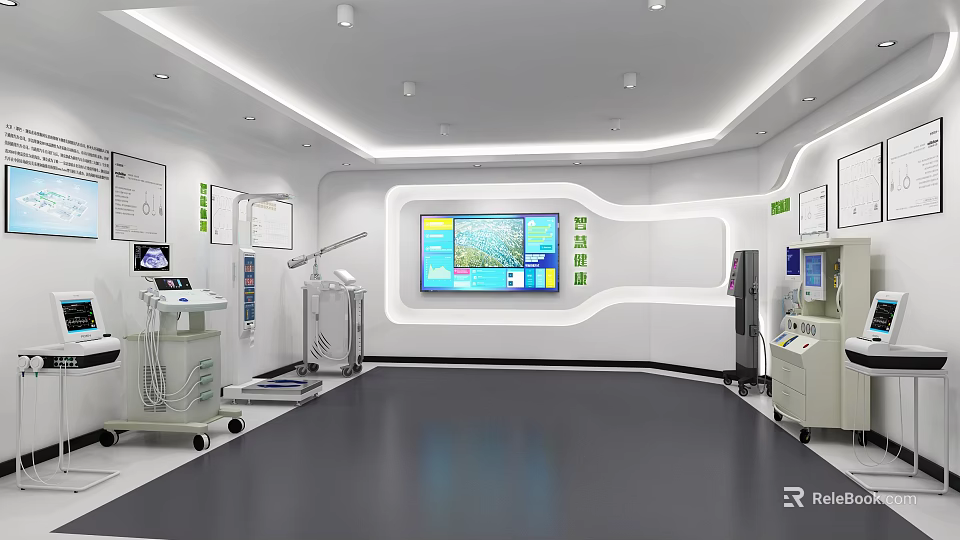 Modern Medical Examination Room With White Walls Dark Floor Digital Display And Advanced Equipment 3d model 