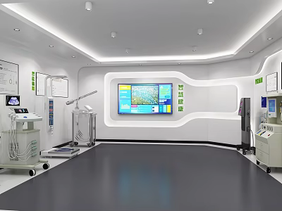 Modern Medical Examination Room With White Walls Dark Floor Digital Display And Advanced Equipment 3d model