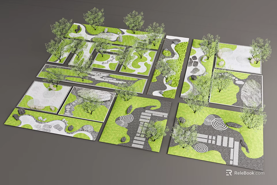 Karesansui Dry Landscape Garden Design With Stone Paths Sand Patterns Moss And Trees 3d model