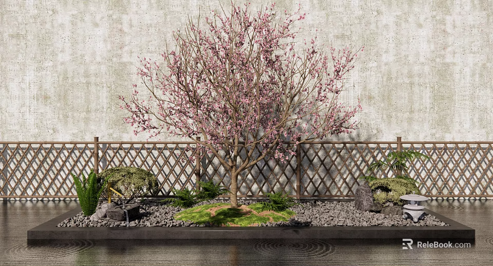 Blooming Pink Flower Tree With Bamboo Fence Gray Wall And Stone Decorations Near Water Surface 3d model 