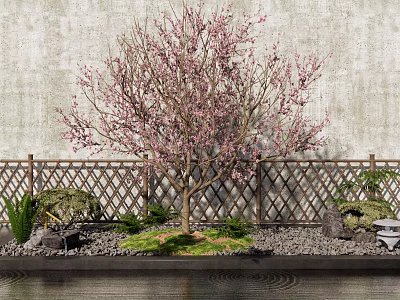 Blooming Pink Flower Tree With Bamboo Fence Gray Wall And Stone Decorations Near Water Surface 3d model
