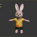 Pink Rabbit Plush Toy Wearing Yellow Shirt And Black Shorts Standing On Gray Background