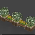 Lush Green Bushes In Wooden Planters With Connecting Wooden Planks And Yellow Flowers