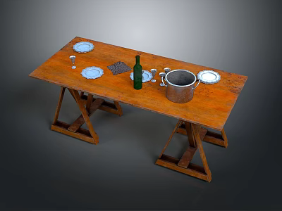 Rustic Wooden Dining Table Setup With White Plates Green Wine Bottle Metal Pot And Cutlery 3d model