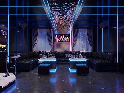 Luxury KTV Interior With Neon Lights Black Leather Sofas And Large Screen 3d model