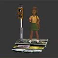Young Girl With Yellow Top Green Skirt And Brown Bag Standing By Traffic Light