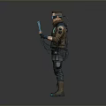 Cyberpunk Character Wearing Goggles Holding Blue Tablet In Futuristic Outfit Standing Against Neutral Gray Background