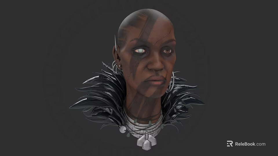 Woman With Bald Head Facial Tattoos Green Eyes Large Earrings And Feathered Neckpiece 3d model 