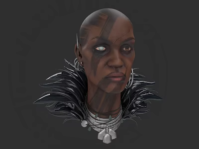 Woman With Bald Head Facial Tattoos Green Eyes Large Earrings And Feathered Neckpiece 3d model