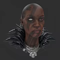 Woman With Bald Head Facial Tattoos Green Eyes Large Earrings And Feathered Neckpiece