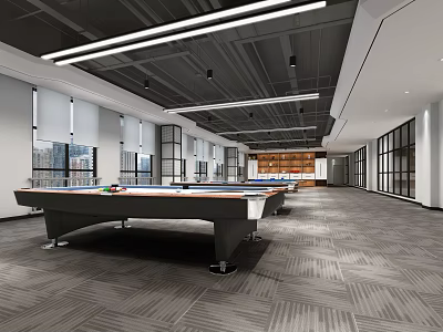 Modern Billiard Room Interior With Spacious Layout Pool Tables And Large Windows 3d model