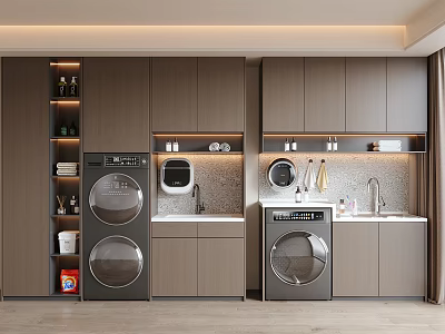 Modern Laundry Room With Two Front Load Washing Machines Wooden Cabinets And Storage 3d model