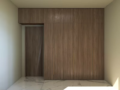 Modern Wooden Wardrobe Design With Sleek Built In Structure And Marble Floor 3d model