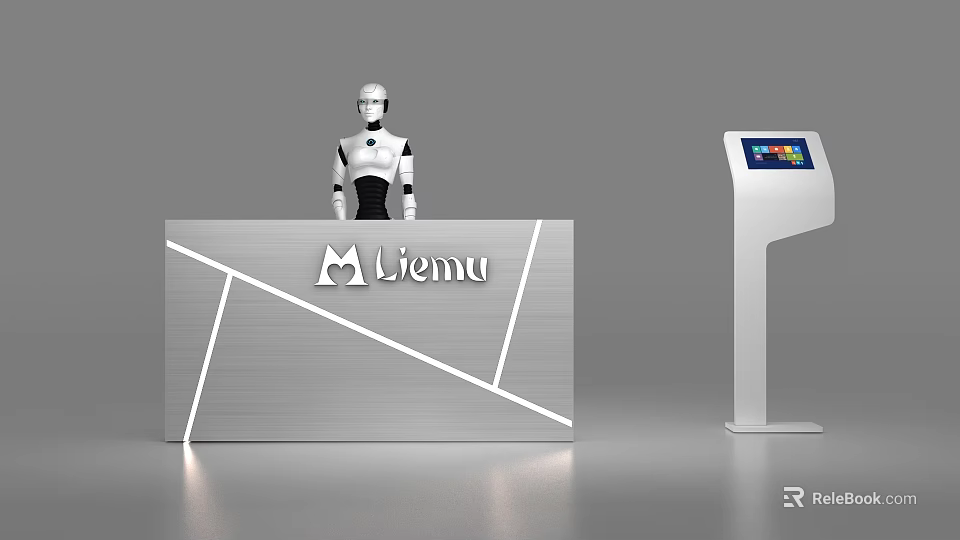 Modern Reception Desk With Robot And Digital Information Kiosk 3d model