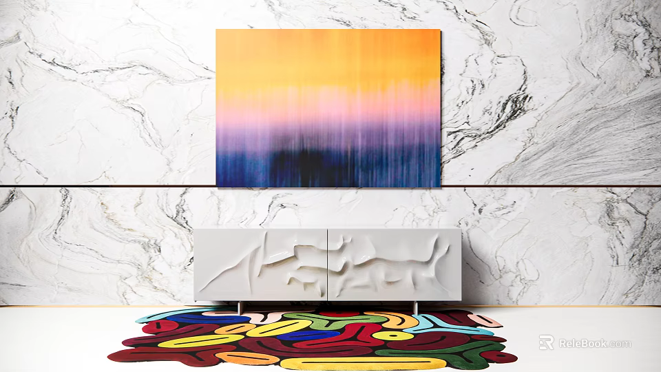 Modern White Sideboard Design With Marble Wall Colorful Abstract Painting And Colorful Rug 3d model 