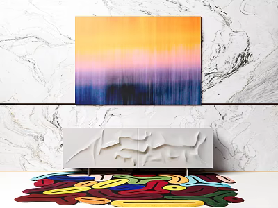 Modern White Sideboard Design With Marble Wall Colorful Abstract Painting And Colorful Rug 3d model