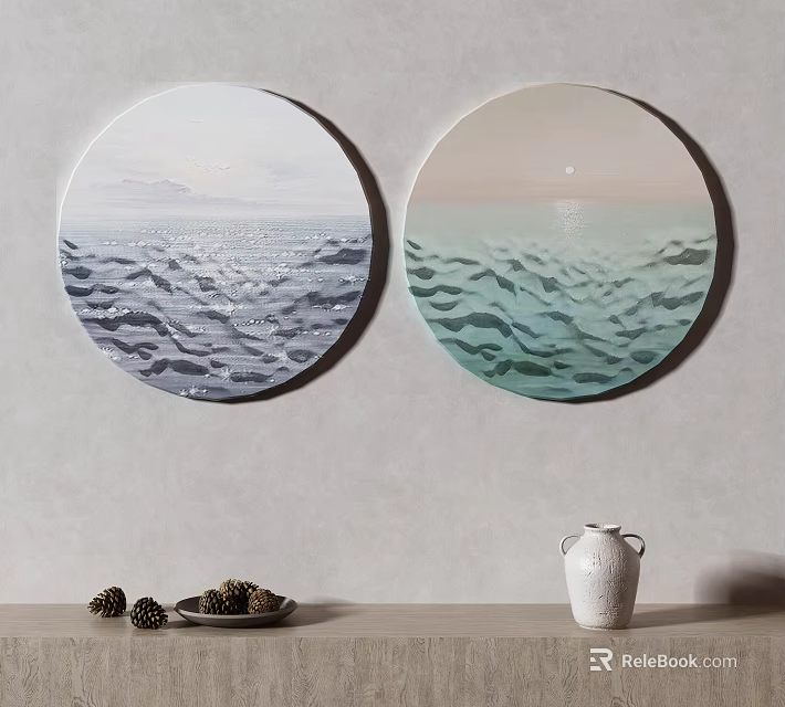 Round Framed Ocean Wave Artworks With Gradient Sky On Gray Wall Interior Decor 3d model