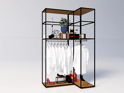 Modern Metal Frame Display Rack with Hanging White Clothes Shoes and Decorations 3d model