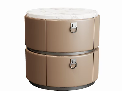 Modern Round Bedside Table With Two Brown Drawers Metal Ring Handles And White Marble Top 3d model