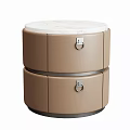 Modern Round Bedside Table With Two Brown Drawers Metal Ring Handles And White Marble Top