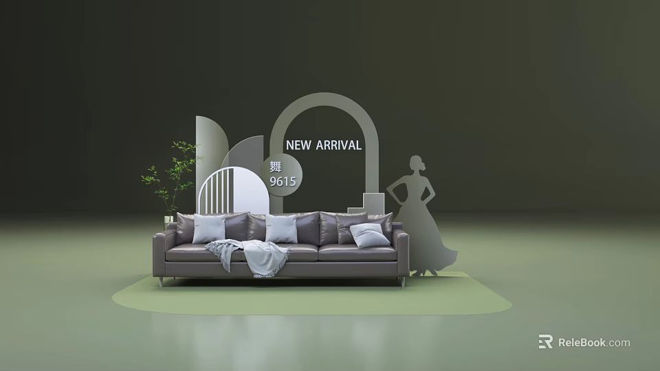 New Arrival Grey Sofa With Pillows Blanket Green Plant And 50 Percent Off 3d model 