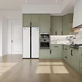 Spacious Modern Kitchen With Green Cabinets Marble Countertops And Natural Light Wooden Flooring