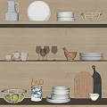 Wooden Kitchen Shelves Displaying White Bowls Plates Wine Glasses Wooden Mortar And Cutting Boards