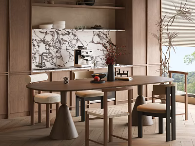 Modern Wooden Dining Table Set With Matching Chairs Stools And Marble Backdrop 3d model