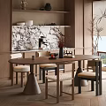 Modern Wooden Dining Table Set With Matching Chairs Stools And Marble Backdrop 3d model