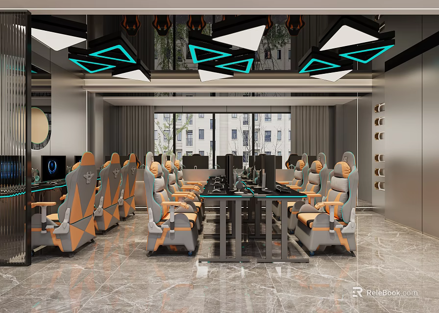 Modern Meeting Room With Ergonomic Chairs Geometric Lighting And Large Windows 3d model 