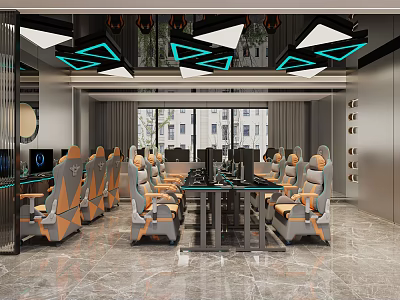 Modern Meeting Room With Ergonomic Chairs Geometric Lighting And Large Windows 3d model