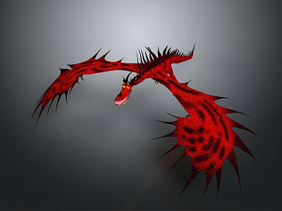 Flying Red Dragon With Spiked Patterned Wings In Dark Gray Background 3d model