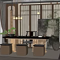 Traditional Chinese Tea Table And Chairs Set With Solid Wood Stools And Pendant Lights 3d model