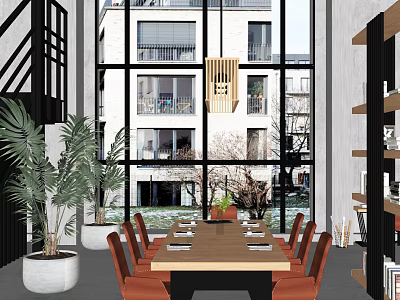 Contemporary Conference Room With Large Windows Wooden Table Orange Chairs Green Plants And Pendant Light 3d model
