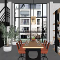 Contemporary Conference Room With Large Windows Wooden Table Orange Chairs Green Plants And Pendant Light