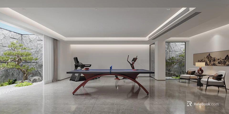 Sleek Modern Entertainment Room With Ping Pong Table And Gym Equipment 3d model 