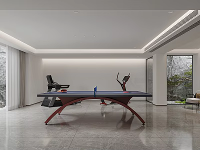 Sleek Modern Entertainment Room With Ping Pong Table And Gym Equipment 3d model