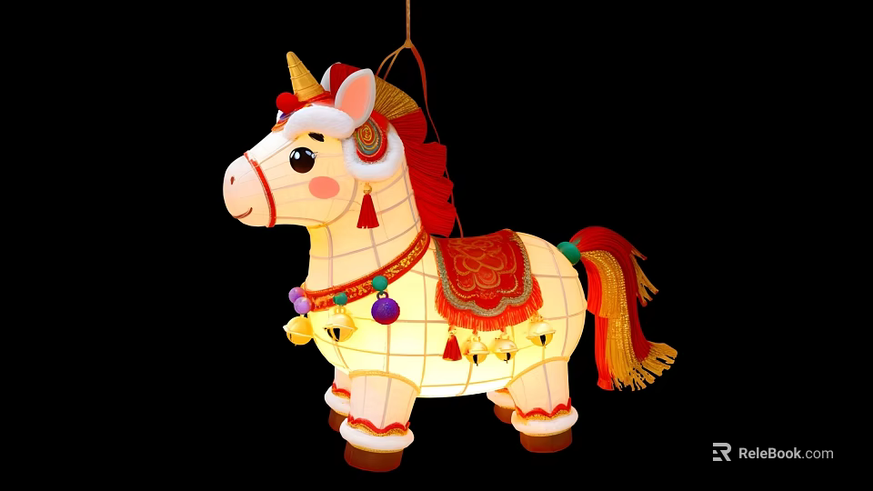 Horse Shaped Traditional Art Installation Lantern With Decorative Tassels And Bells 3d model 