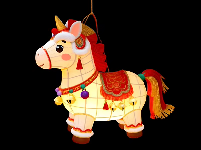 Horse Shaped Traditional Art Installation Lantern With Decorative Tassels And Bells 3d model